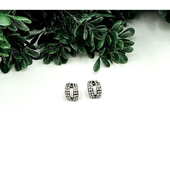 Vintage Crystal Pave Curved Half Hoop Stud Earrings Silver Tone - Picture 2 of 4